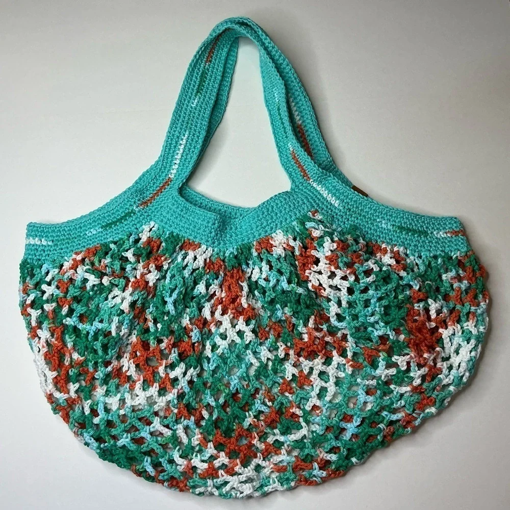 Large‎ Crochet Mesh Market Bag Teal White Cotton Handcrafted Handmade Reusable